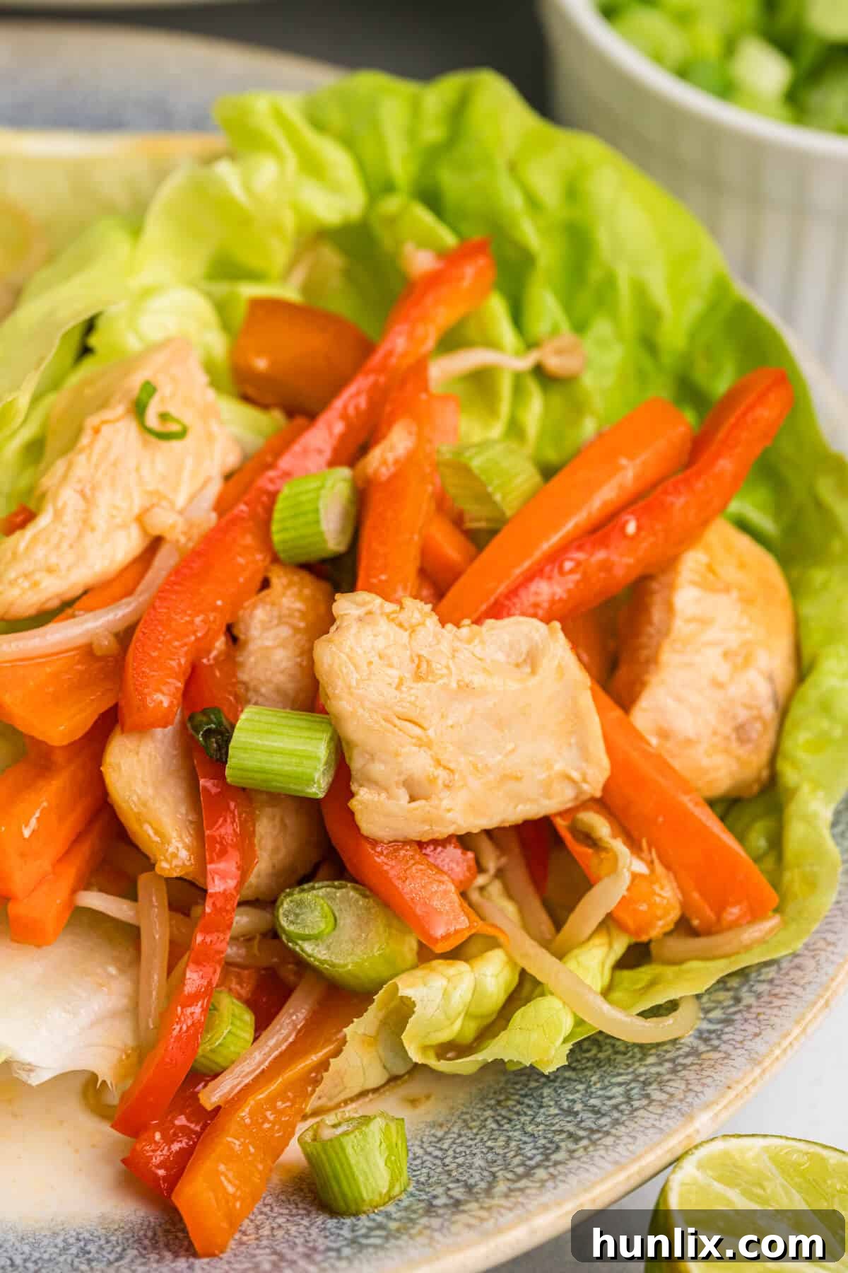 Close-up of a single Asian chicken lettuce wrap, showing the rich texture of the chicken filling.