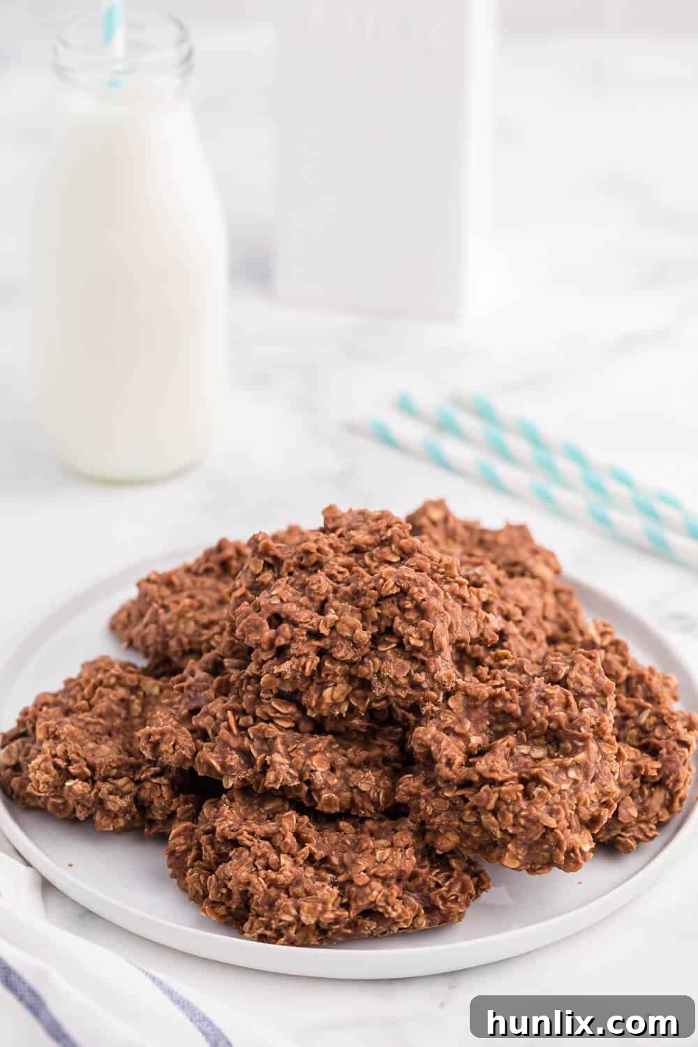 A plate of delicious no-bake chocolate peanut butter cookies, perfectly set and ready to enjoy