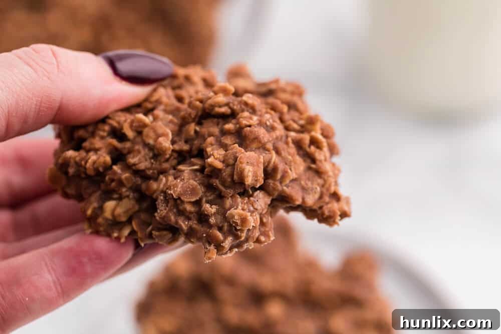 A hand holds up a single, perfectly formed no-bake chocolate peanut butter cookie, showing its tempting texture