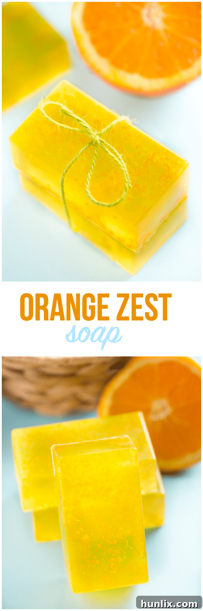 Zesty Sunshine Soap 5 Collage of Orange Zest Soap making process: ingredients, melting soap base, adding zest and essential oil, and finished soap bars. Highlights the simple steps.