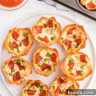 Pizza Wonton Cups Recipe - East meets West in this simple crunchy appetizer. A crispy wonton is filled with cheesy pizza goodness with any toppings you want!