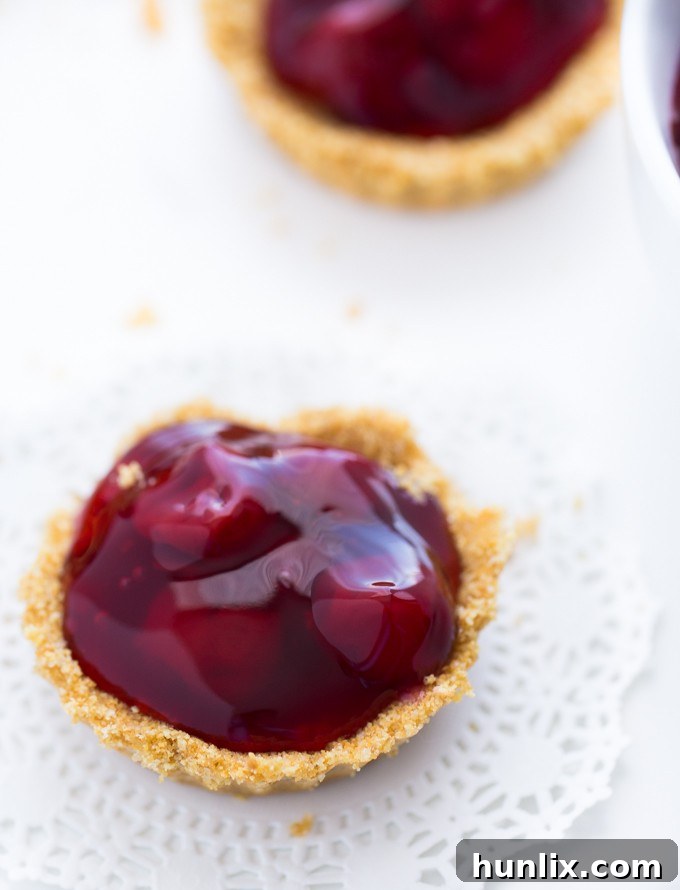 Effortless Cherry Tart Delights 2 Close-up of a perfectly formed No-Bake Cherry Tart with a golden graham cracker crust, filled with glistening ruby-red cherry pie filling, garnished with a dollop of whipped cream on a white background. Easy, quick, and delicious.