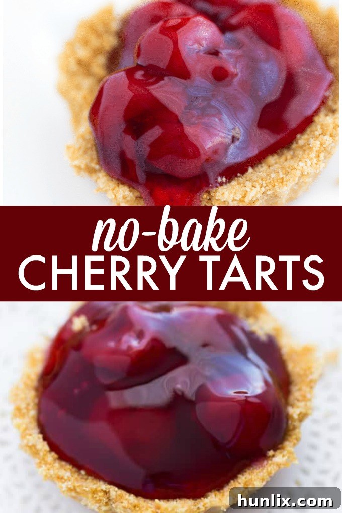 Effortless Cherry Tart Delights 4 A collage featuring various views of No-Bake Cherry Tarts: one close-up of a single tart with whipped cream, another showing several tarts in a tart pan, and a third with tarts ready for serving. Easy, quick, and delicious dessert.