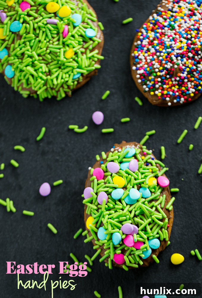 Easter Egg Hand Pies - Super easy Easter dessert made with refrigerated pie crust, melted chocolate and sprinkles! A fun Easter recipe for the kids to make.