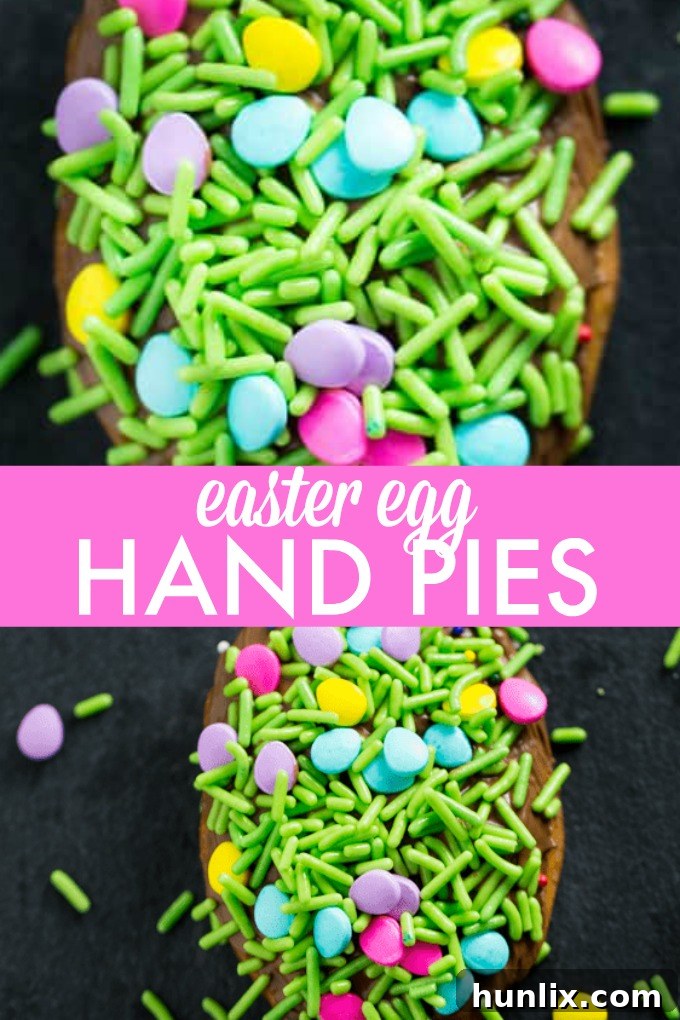 A collage of Easter Egg Hand Pies, showcasing the easy dessert made with pie crust, chocolate, and sprinkles – perfect for Easter baking with kids.
