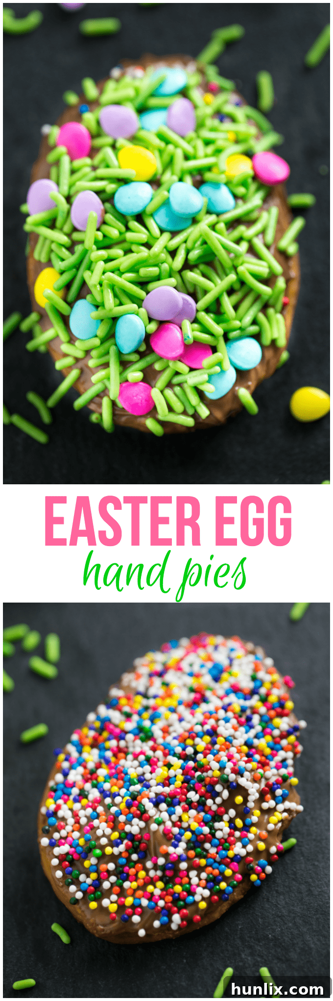 A vibrant collage of Easter Egg Hand Pies, featuring the easy chocolate and sprinkle recipe, perfect for family baking fun.