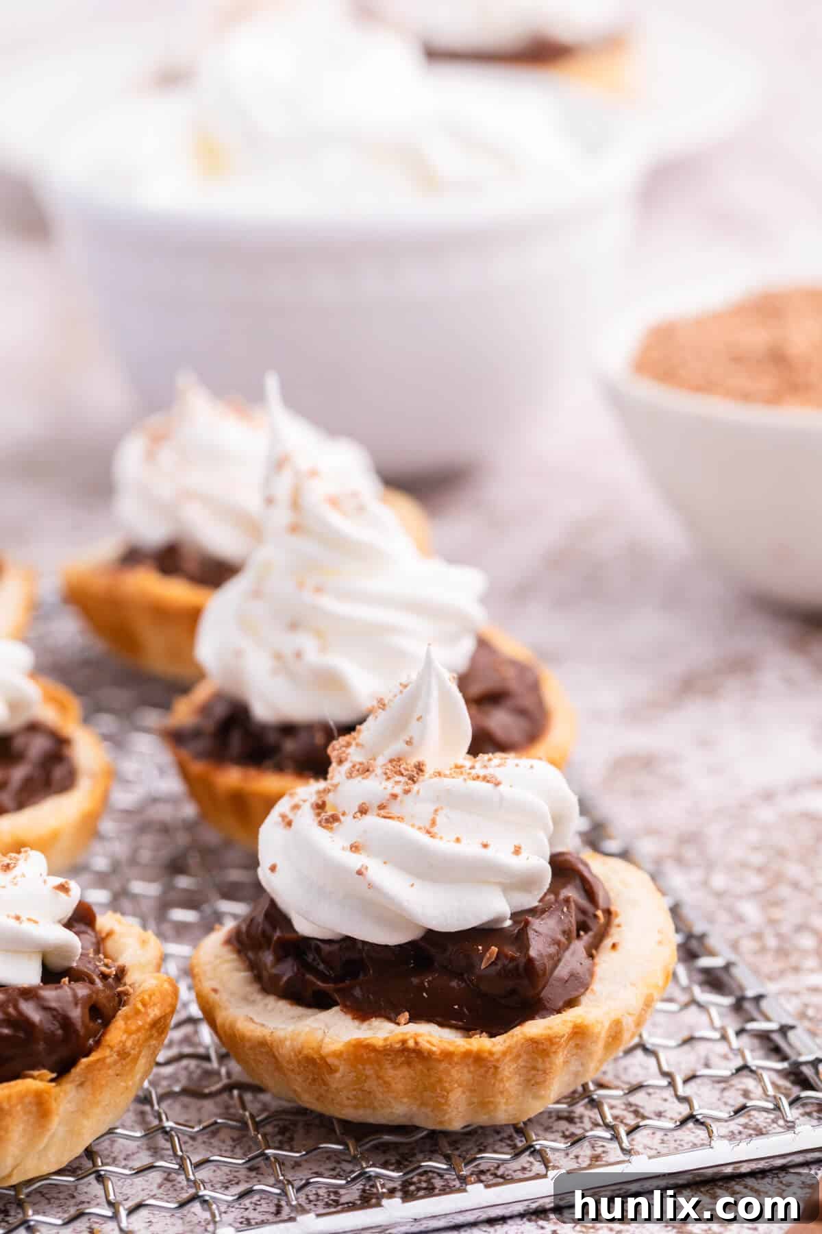 Beautifully garnished chocolate cream tarts ready for serving on a wire rack.