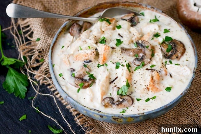 A comforting bowl of creamy Chicken, Wild Rice, and Mushroom Soup with a spoon, garnished with fresh herbs and ready to be enjoyed on a cold day.