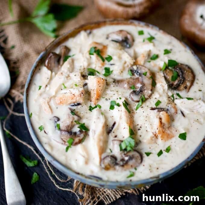 Close-up of a rich and creamy Chicken, Wild Rice, and Mushroom Soup garnished with fresh parsley, highlighting the vibrant ingredients and inviting texture.