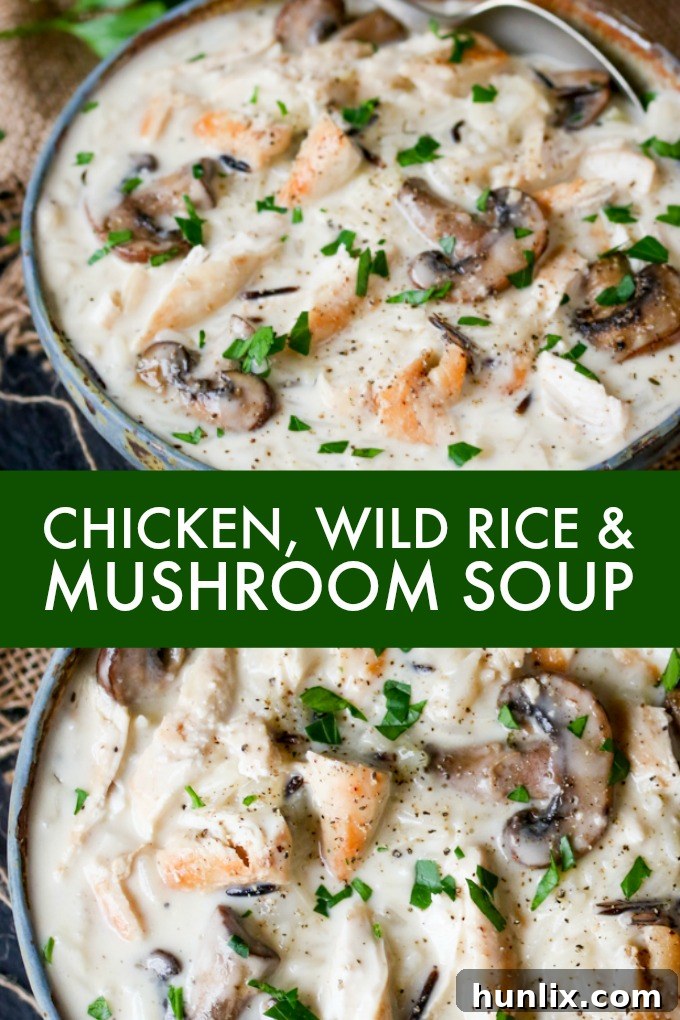 A step-by-step visual collage depicting the preparation process of Creamy Chicken, Wild Rice & Mushroom Soup, from sautéing to serving.