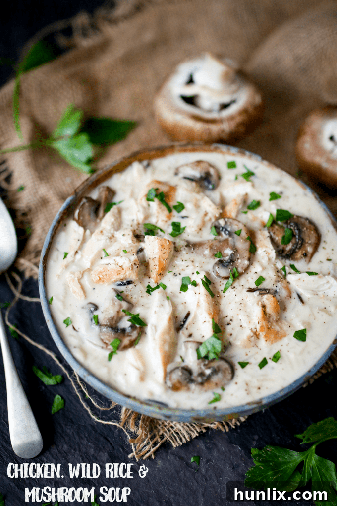 Decorative text image: 'Chicken, Wild Rice & Mushroom Soup - The most comforting creamy soup ever! Savory mushrooms are the perfect veggie for this rich wild rice soup with succulent chicken.'