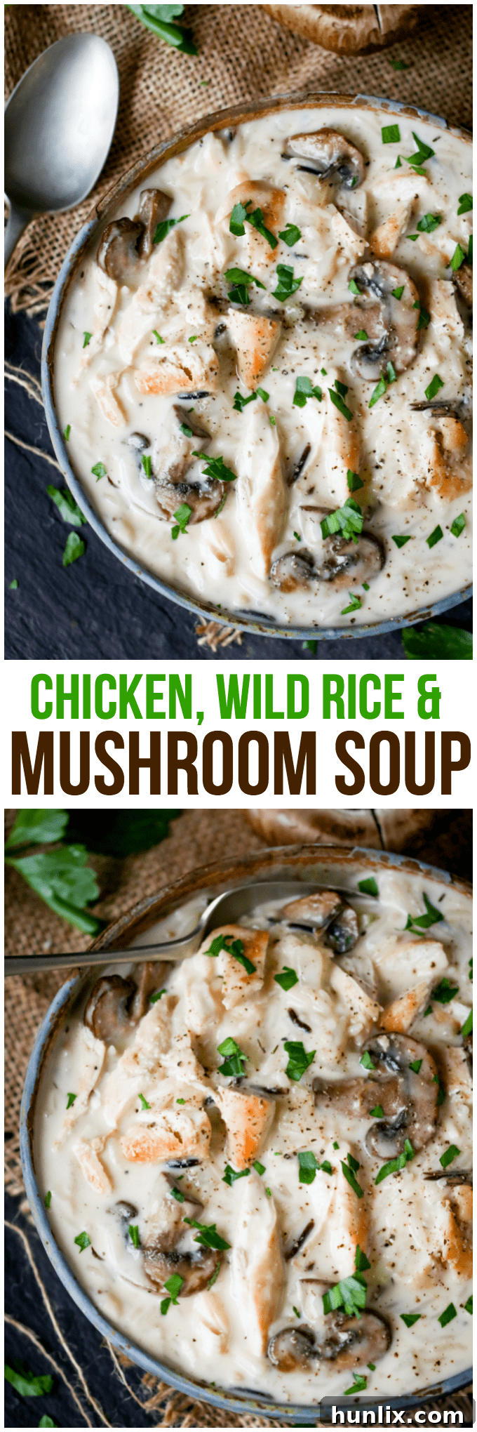 A collage of various angles of Creamy Chicken, Wild Rice & Mushroom Soup, emphasizing its creamy texture, rich ingredients, and serving appeal.