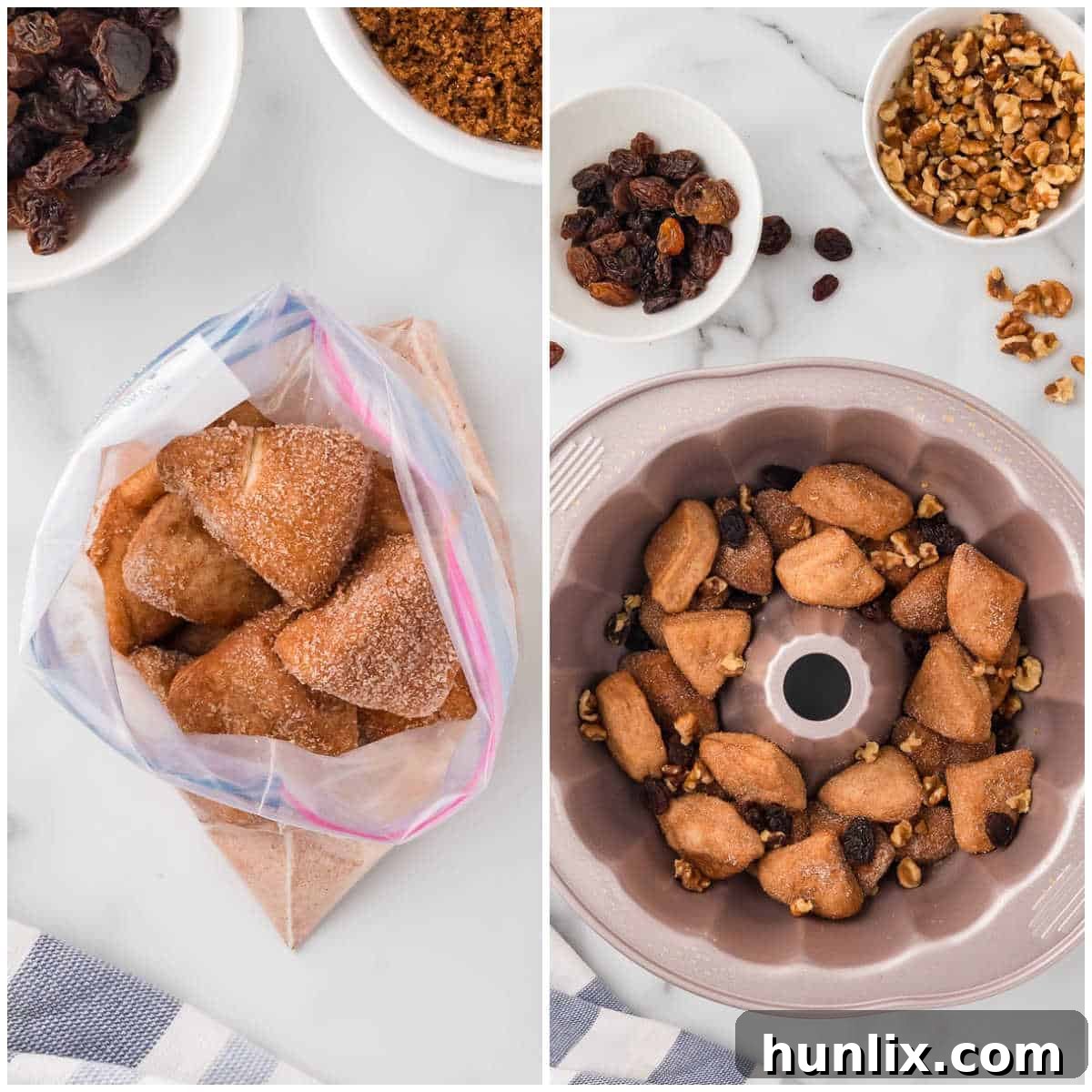 Caramel Cinnamon Monkey Bread 4 Collage of preparing the dough and adding to the bundt pan.