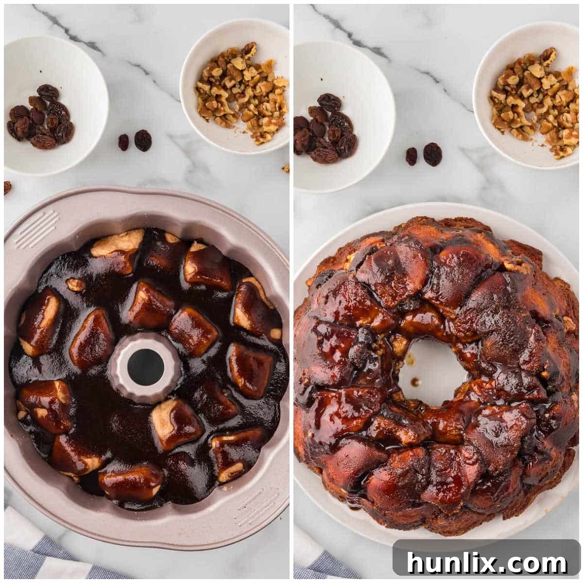 Caramel Cinnamon Monkey Bread 5 Collage of adding the glaze and baking the recipe.