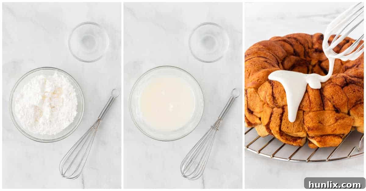 Steps to make cinnamon roll monkey bread glaze.