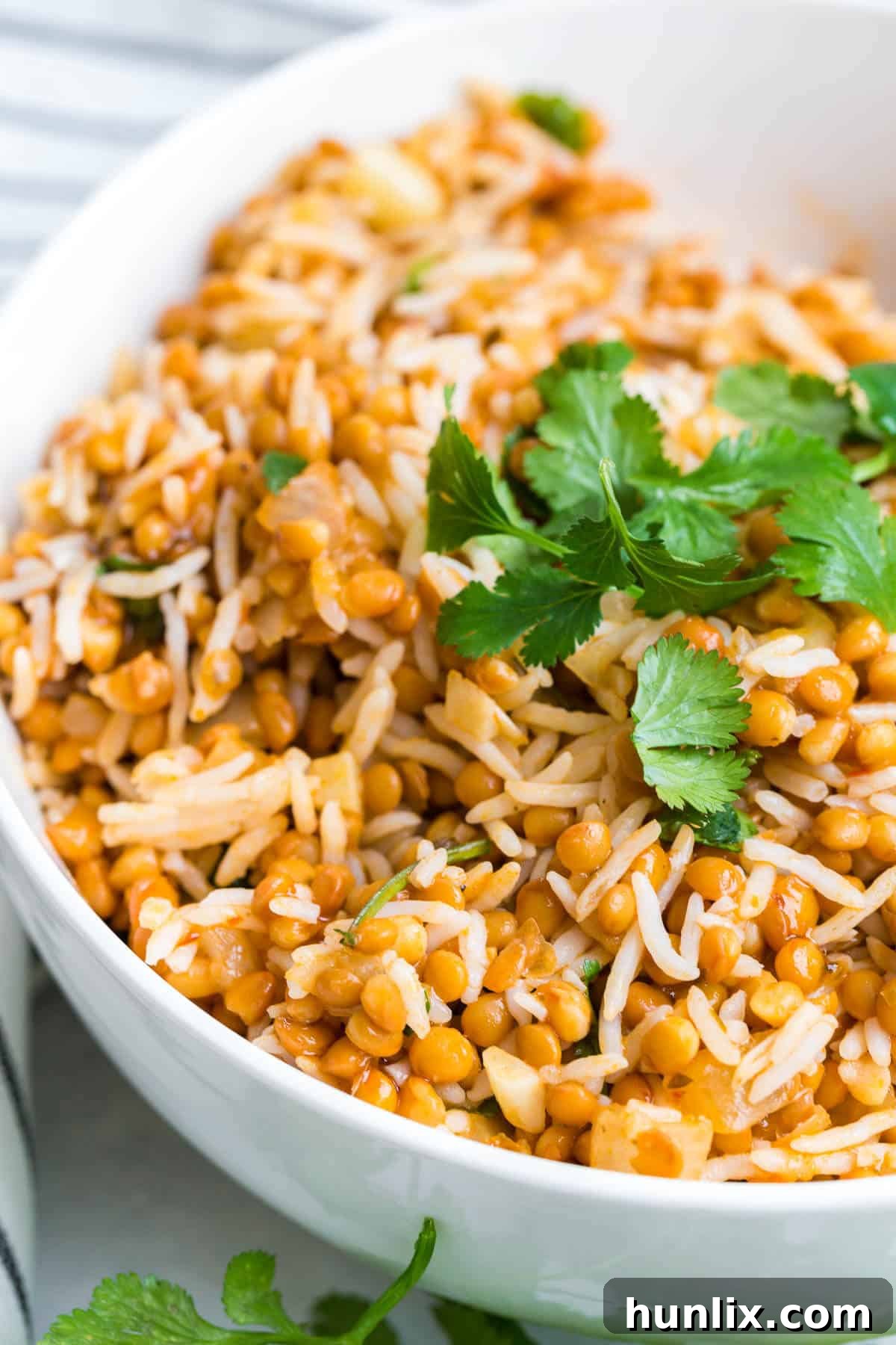Golden Curried Lentil Rice 4 Curried lentil rice in a white bowl.