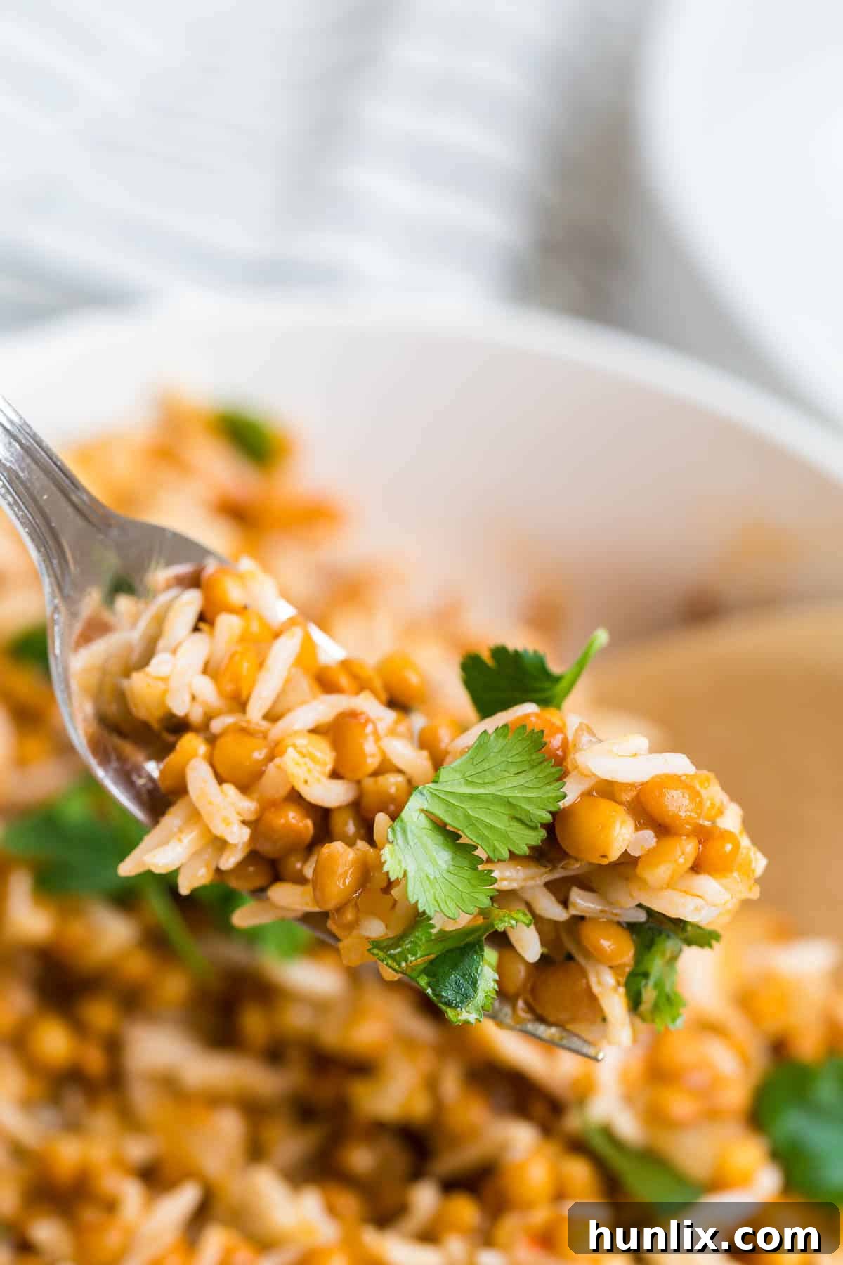 Golden Curried Lentil Rice 5 Curried Lentil rice on a fork.