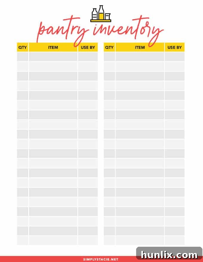 Pantry Inventory Printable: A Detailed Template for Tracking Dry Goods, Canned Items, and Baking Essentials