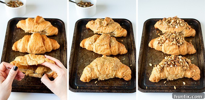 Steps to make sticky banana croissants.