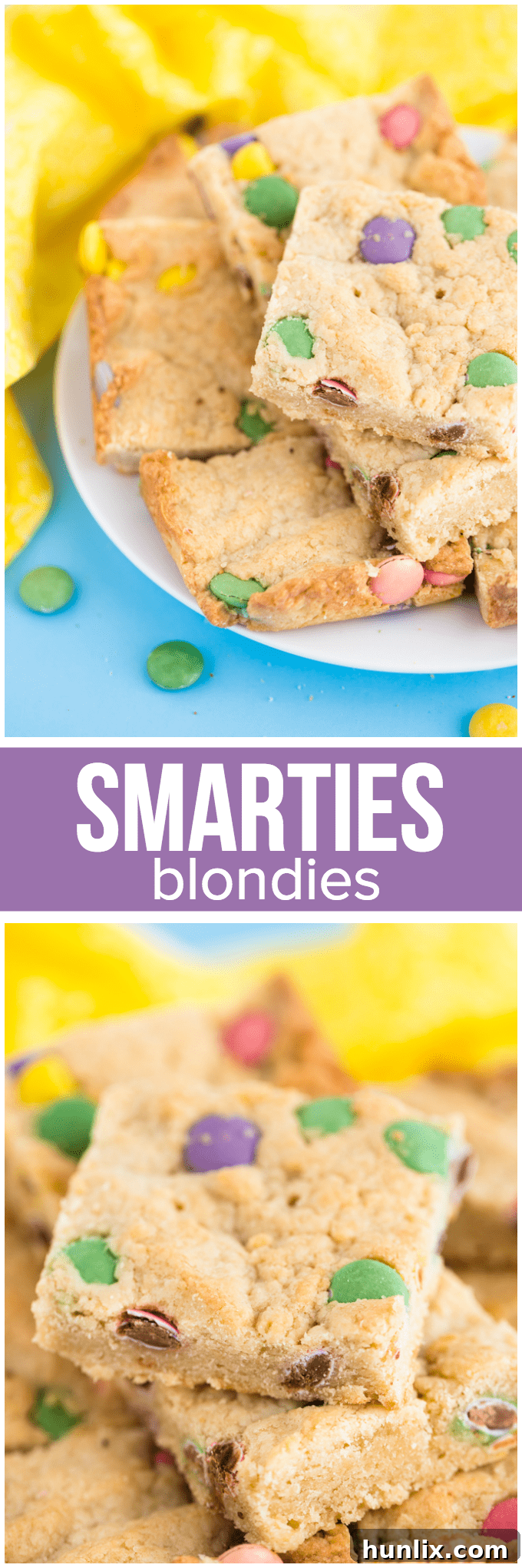 A collage of Smarties Blondies images, highlighting different angles and the generous incorporation of Smarties candy.