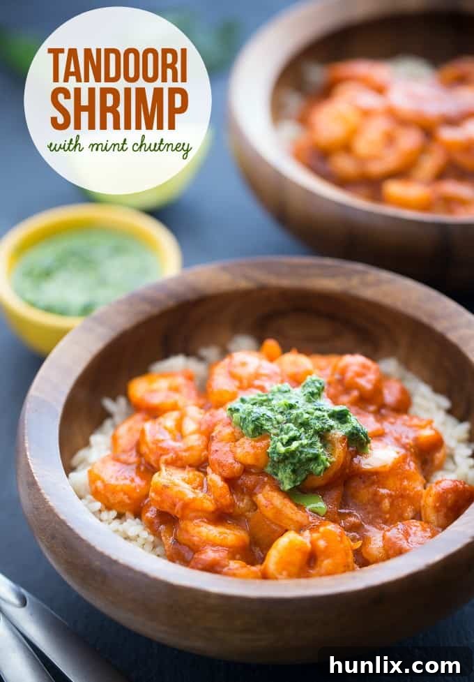Overhead shot of Tandoori Shrimp with Mint Chutney in a bowl, with the recipe title superimposed.