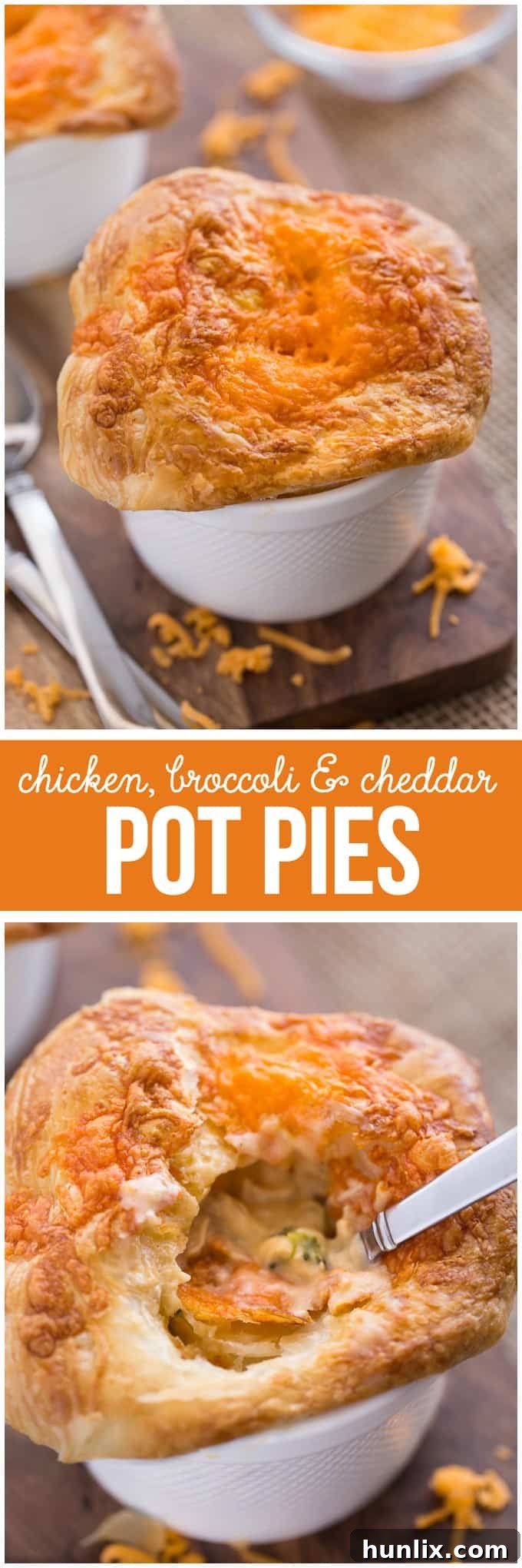 Comforting Chicken Broccoli and Cheddar Pot Pies 7 A vibrant collage featuring two Chicken, Broccoli & Cheddar Pot Pies, one whole and one with a spoonful of filling exposed, surrounded by fresh broccoli florets and shredded cheddar cheese.