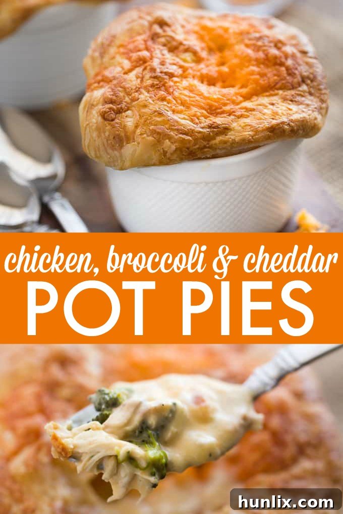 Comforting Chicken Broccoli and Cheddar Pot Pies 8 A close-up collage image of the baked Chicken, Broccoli & Cheddar Pot Pies, highlighting the golden pastry and appetizing filling, ready to serve.