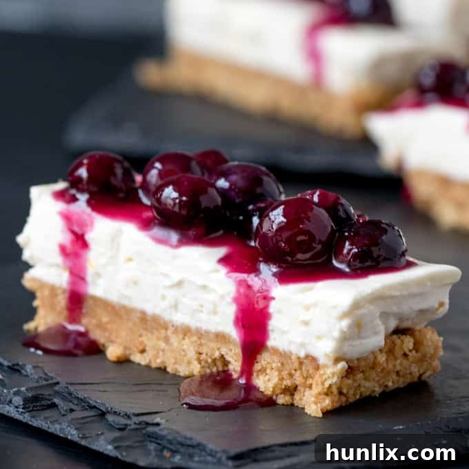 A close-up of the delicious no-bake blueberry and lemon cheesecake bars, showcasing their vibrant layers.