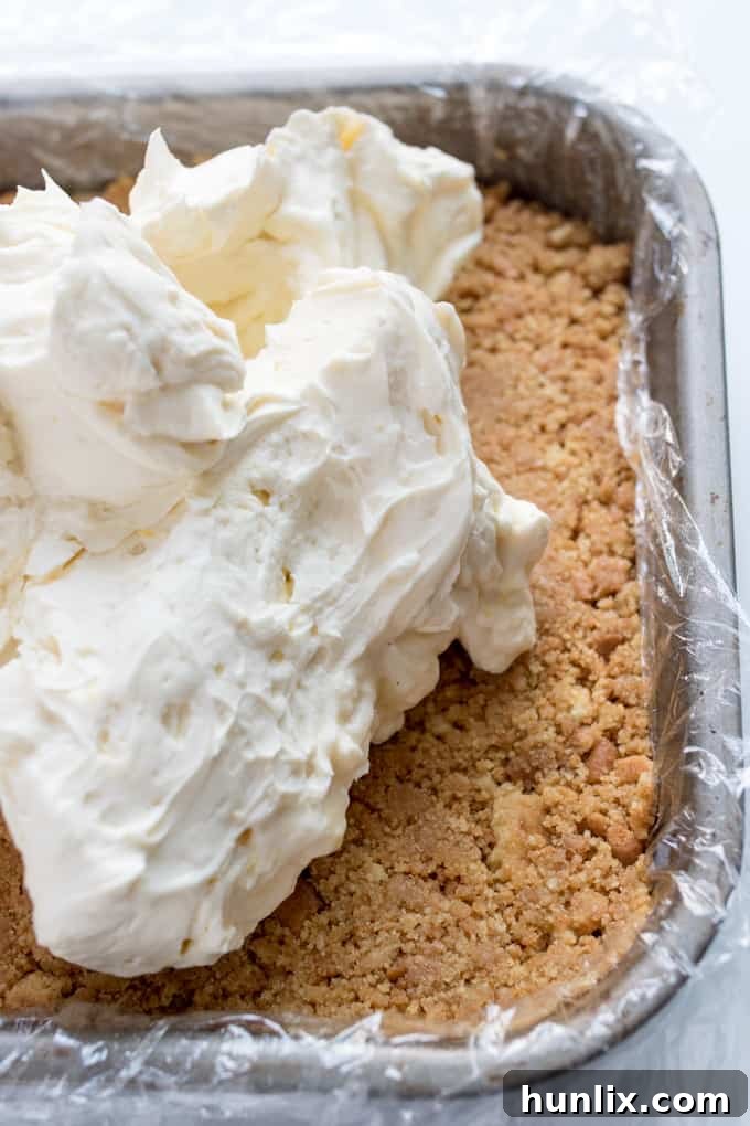 Smooth cheesecake filling spread over the graham cracker crust in a square pan.