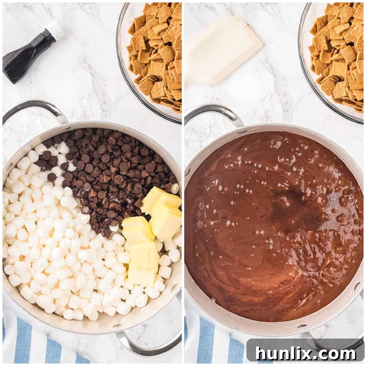 A collage showing the melting process of chocolate, marshmallows, butter, and corn syrup in a pot.