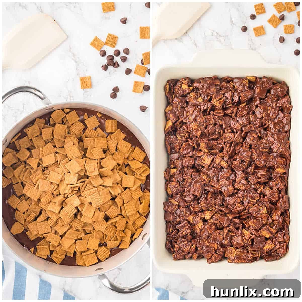 A collage demonstrating adding Golden Grahams cereal to the melted mixture and then pressing it into a baking pan.