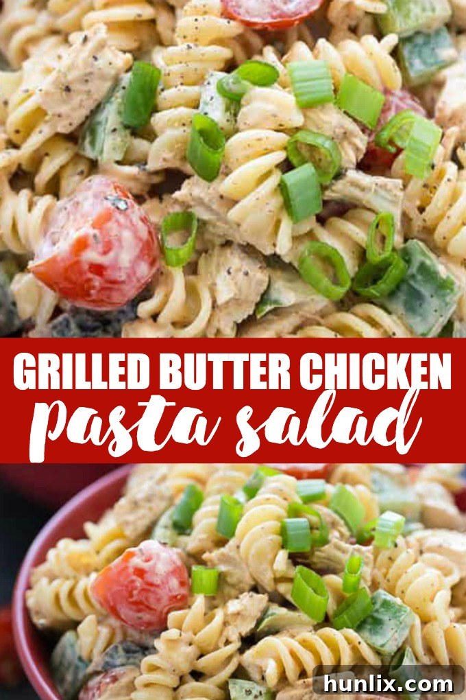A vibrant collage of Grilled Butter Chicken Pasta Salad, showcasing its colorful ingredients and creamy texture, ideal for outdoor dining.