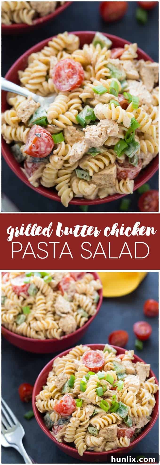 A close-up collage of Grilled Butter Chicken Pasta Salad, showing various angles of the dish with its creamy sauce and fresh ingredients.