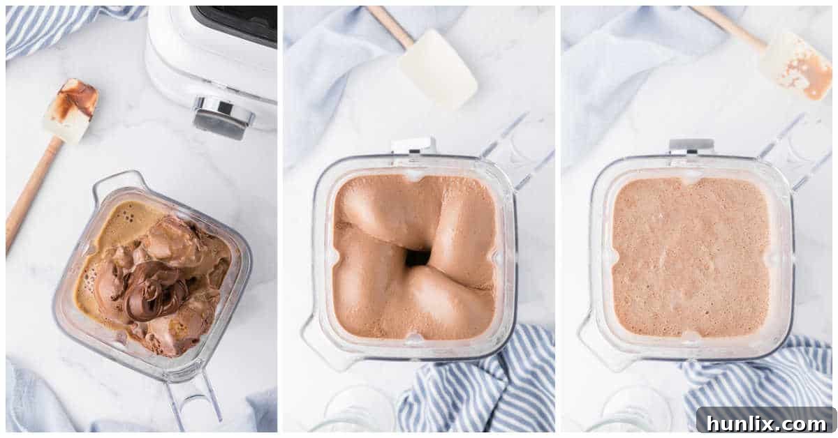 A collage showing the blending process of ice cream, coffee, and Nutella in a blender.