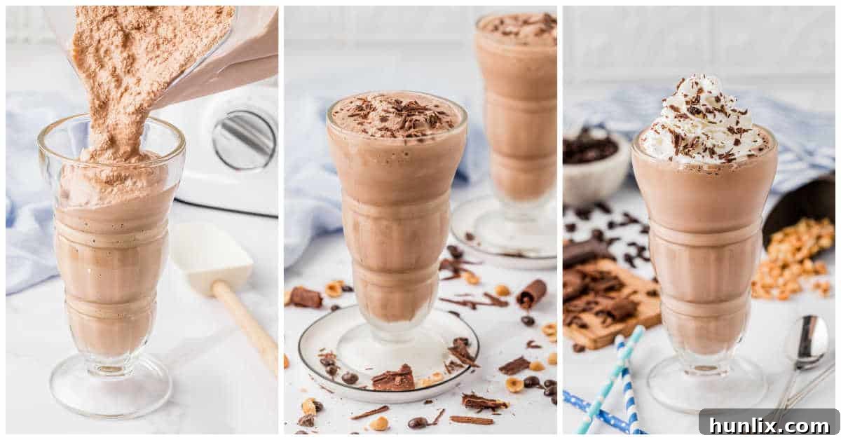 A collage depicting the final step of pouring the blended Nutella coffee milkshake into a glass.