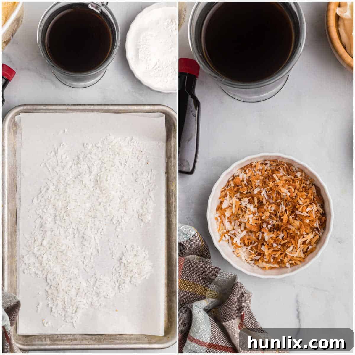A collage demonstrating the process of toasting shredded coconut on a baking sheet in the oven until golden brown.
