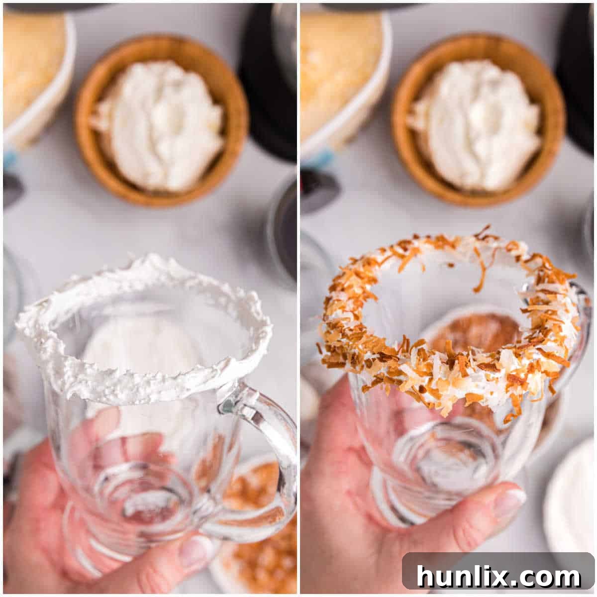 A collage showing the steps to create a marshmallow and toasted coconut rim on a glass.