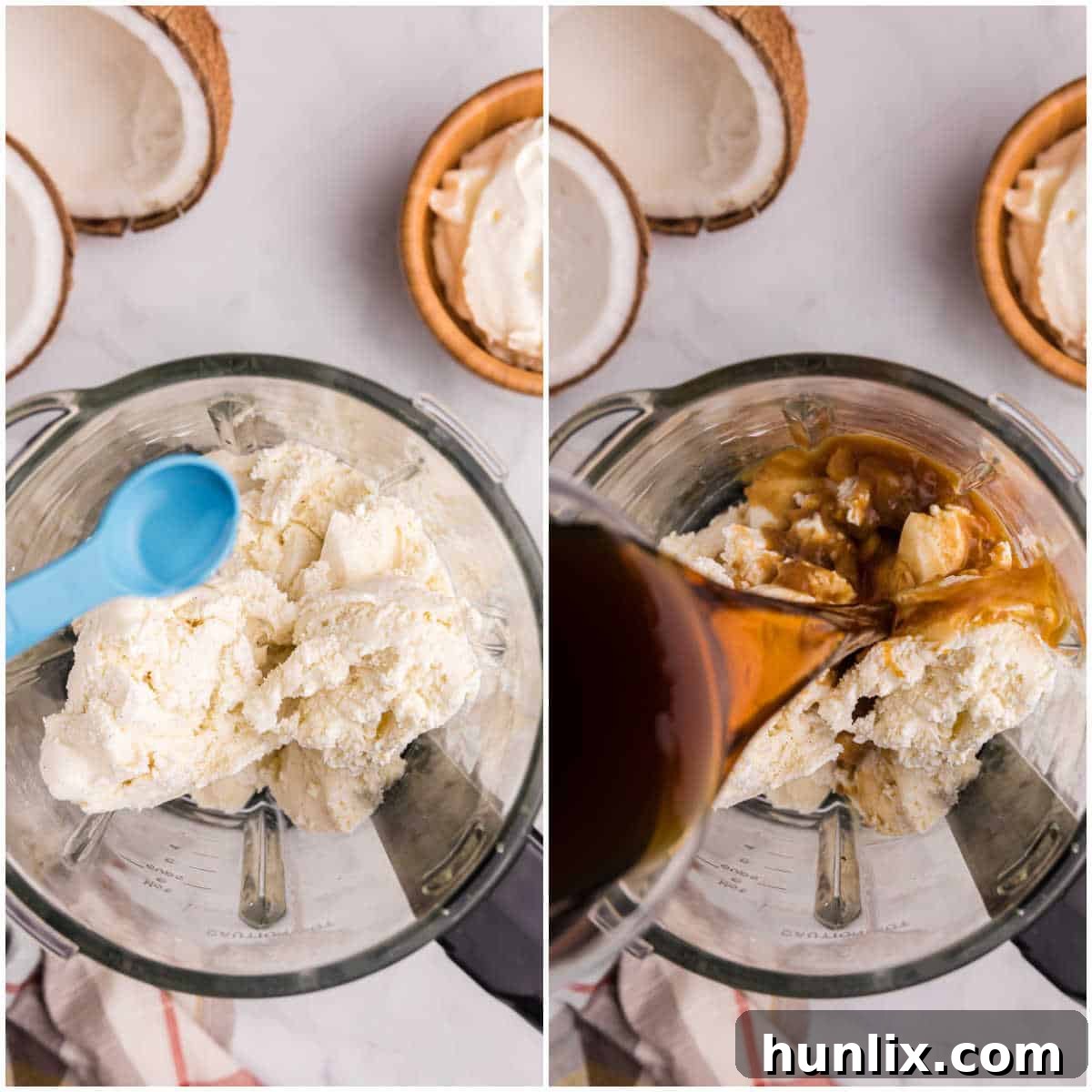 A collage illustrating the blending process of ice cream, coffee, and coconut extract in a blender until smooth.