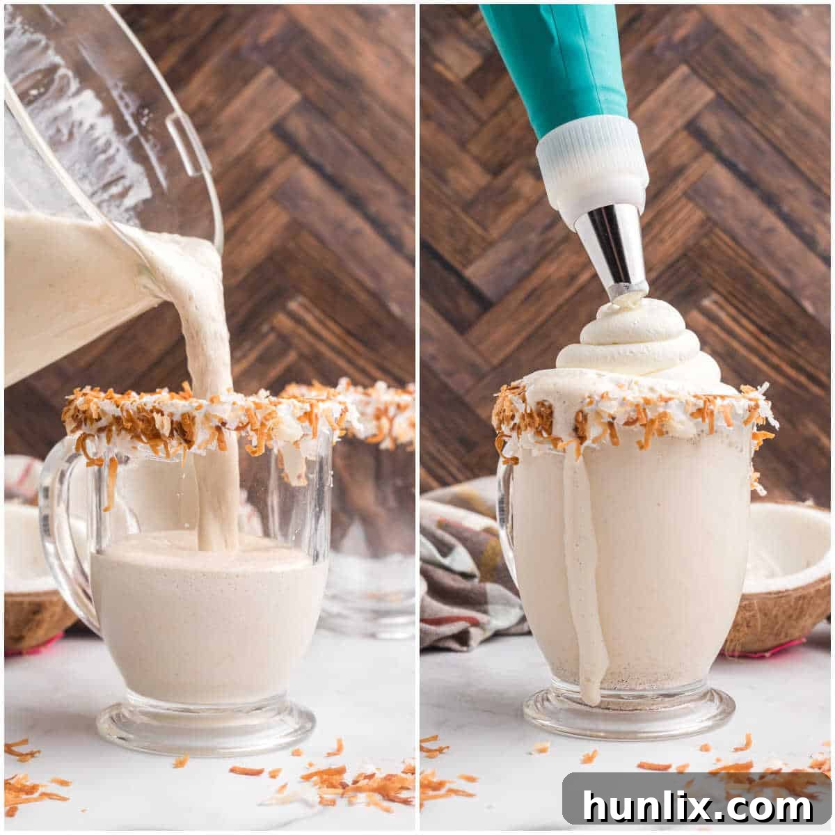 A collage depicting the final steps of pouring the blended milkshake into a glass and topping it with whipped cream and toasted coconut.
