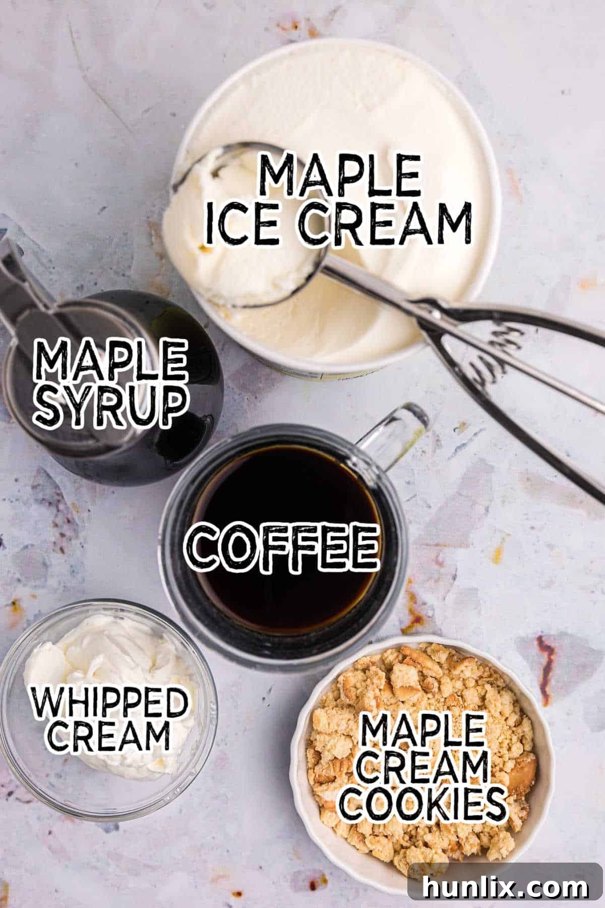 Velvet Maple Coffee Shake 3 Ingredients for maple coffee milkshake laid out on a white textured surface.