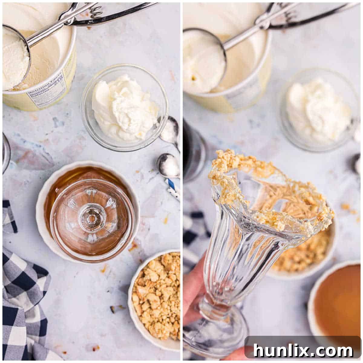 Velvet Maple Coffee Shake 4 Collage showing steps for rimming a glass with maple syrup and cookie crumbs.