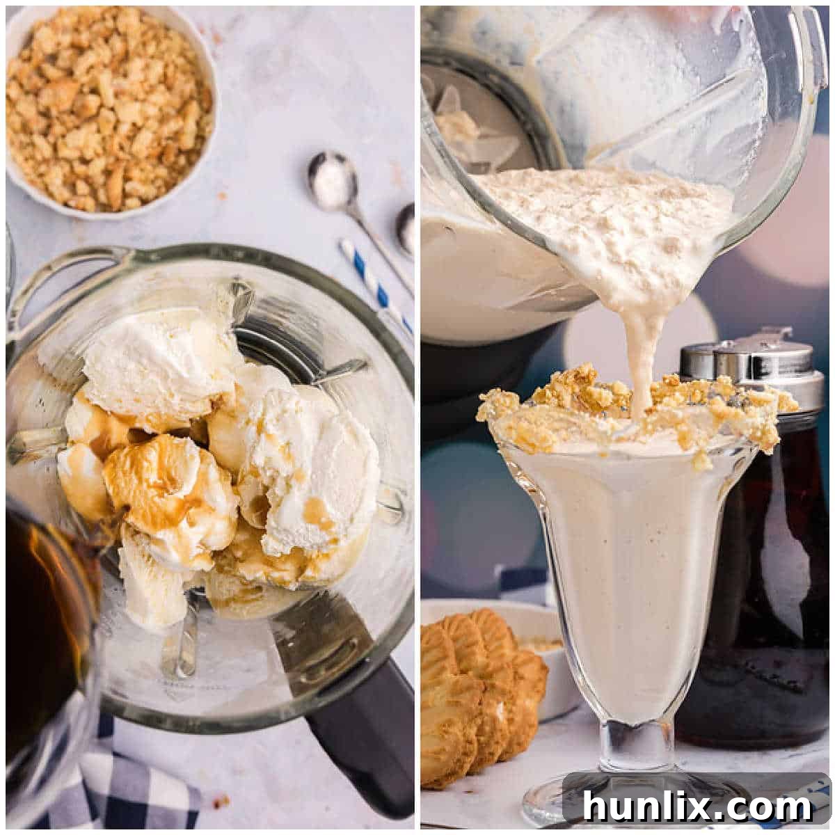 Velvet Maple Coffee Shake 5 Collage showing the blending of ingredients and pouring the milkshake into a prepared glass.