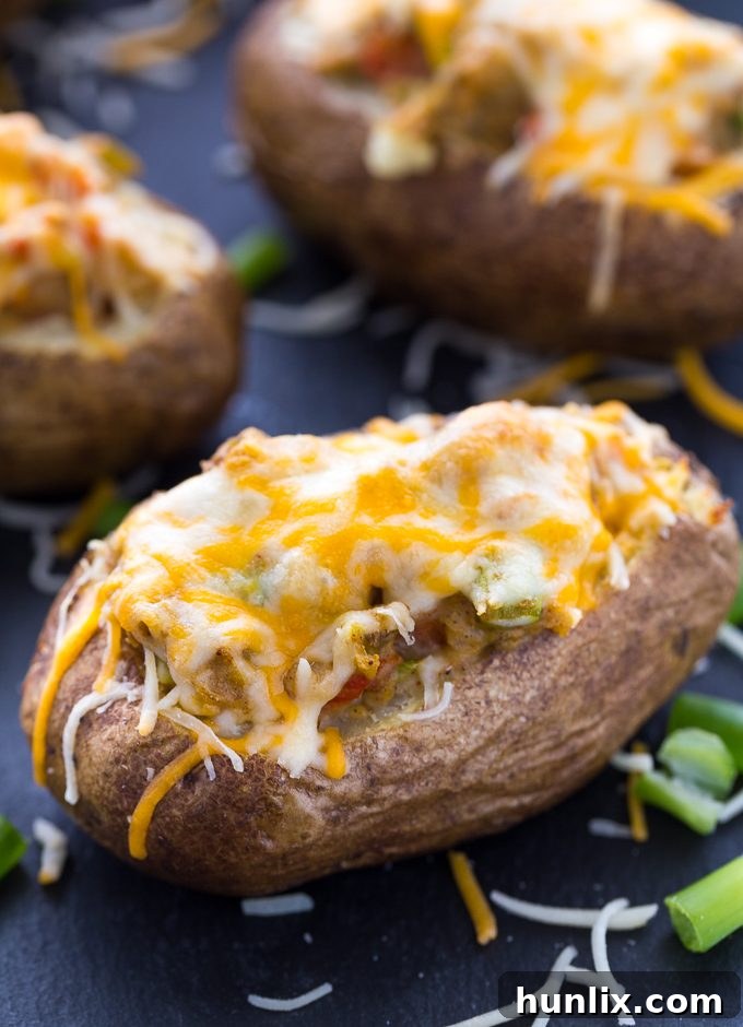 Delicious Twice Baked Pepper Stuffed Potatoes, featuring a golden-brown skin and a vibrant, creamy filling bursting with colorful peppers.