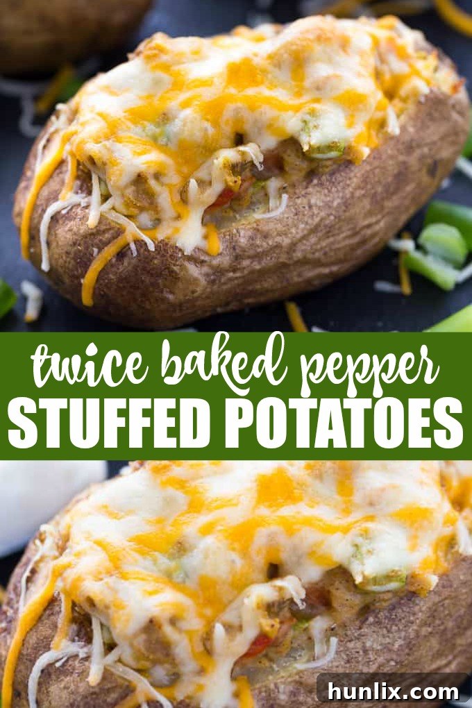 A vibrant collage showcasing the appeal of Twice Baked Pepper Stuffed Potatoes, featuring different angles and the rich, colorful filling.