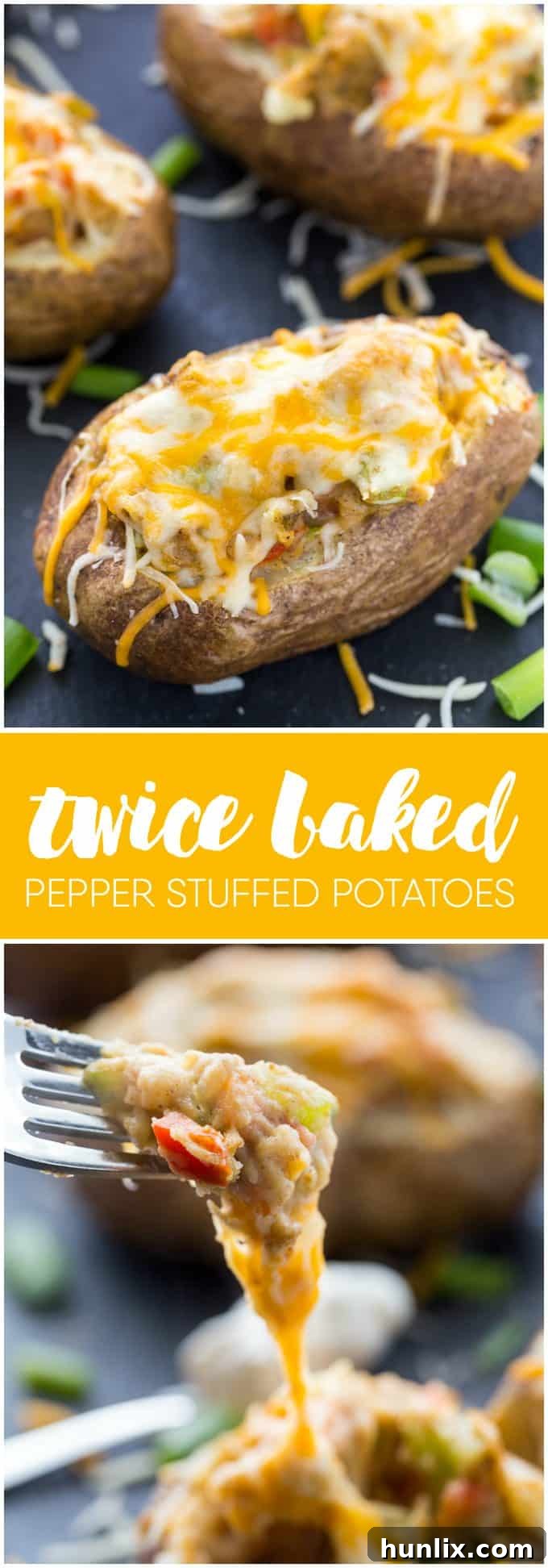 A visually appealing collage showcasing various angles of the prepared Twice Baked Pepper Stuffed Potatoes, highlighting their homemade charm.
