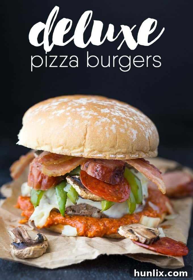 A graphic advertisement for Deluxe Pizza Burgers, highlighting their delicious and hearty nature for grilling season.