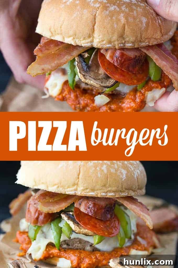 A collage of various Deluxe Pizza Burger images, perfect for social sharing and inspiring summer BBQ meals.