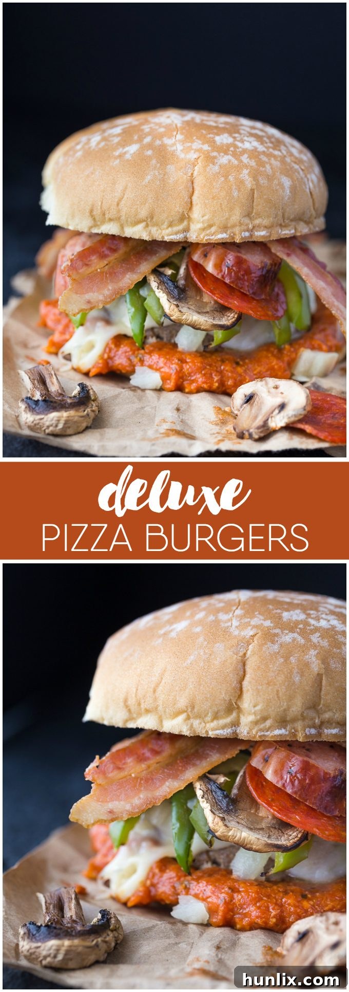 An enticing collage of Deluxe Pizza Burgers, ready to inspire your next backyard BBQ and summer gathering.