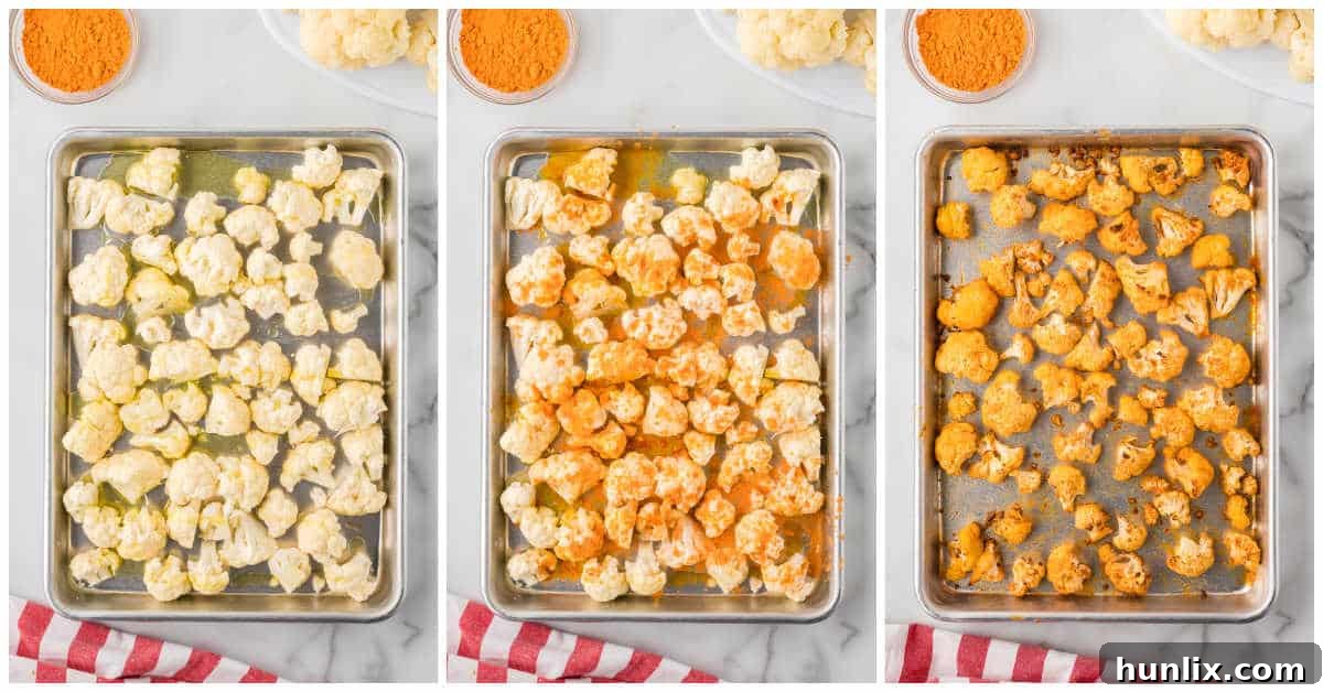 Spicy Buffalo Popcorn 5 Step-by-step images showing cauliflower being drizzled with olive oil and then sprinkled with buffalo seasoning on a baking sheet.