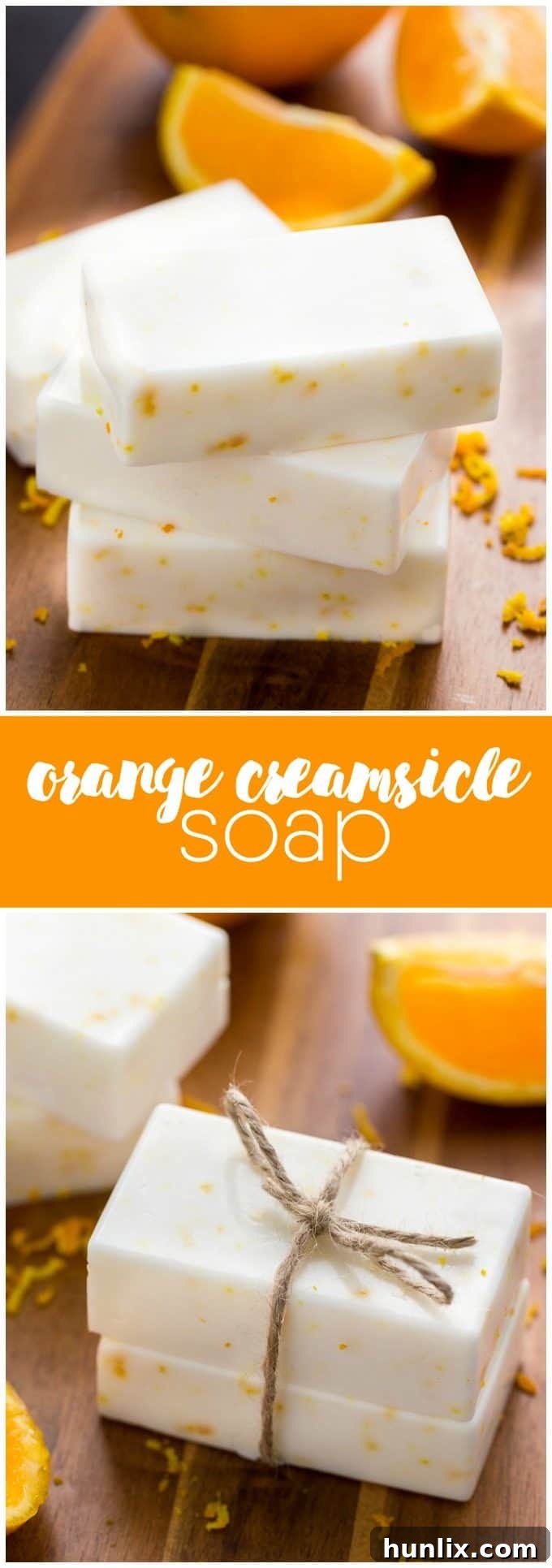 Creamy Orange Bliss Soap 5 Collage of Orange Creamsicle Soap bars, showcasing the inviting texture and color.